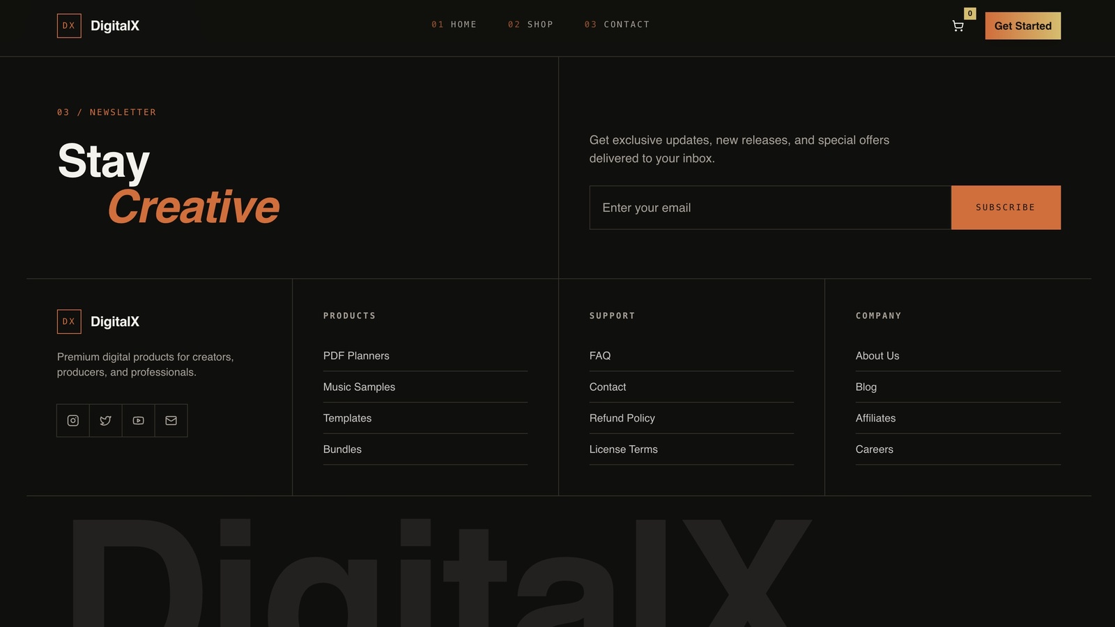 Newsletter section headed Stay Creative with an email field and subscribe button, above footer columns for products, support and company and a large outlined DigitalX wordmark