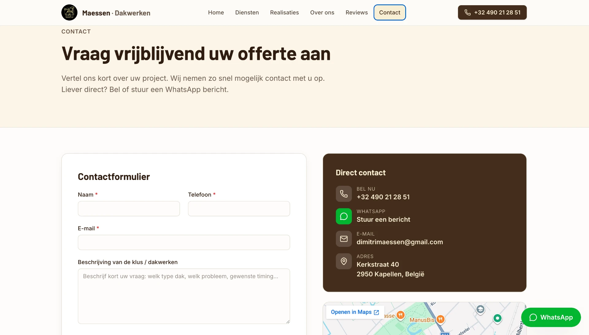 Desktop contact page with a quotation form on the left and a dark direct-contact card listing phone, messaging, email and address beside a map