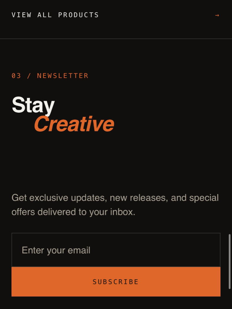 Mobile newsletter section with a numbered label, stacked headline, email field and subscribe button