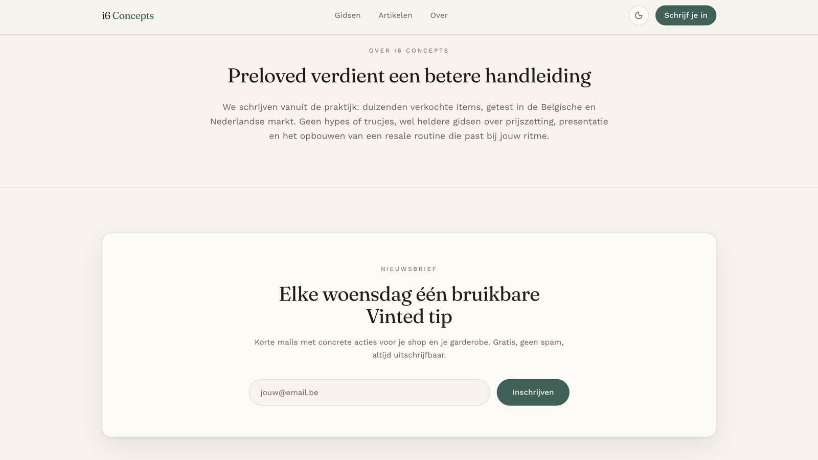 Light-mode about statement above a centred newsletter card with an email field and subscribe button
