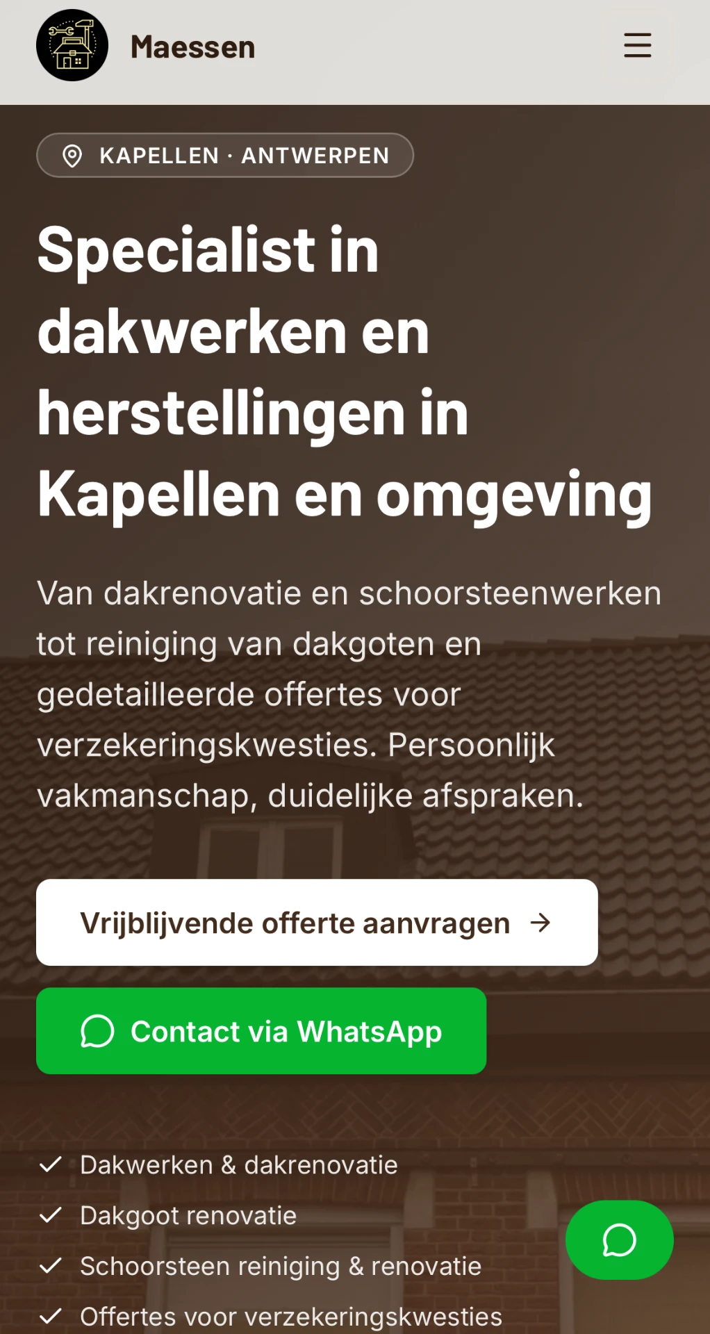 Home page opening with location badge, headline, supporting paragraph, a quote button, a green messaging button and a checked list of services
