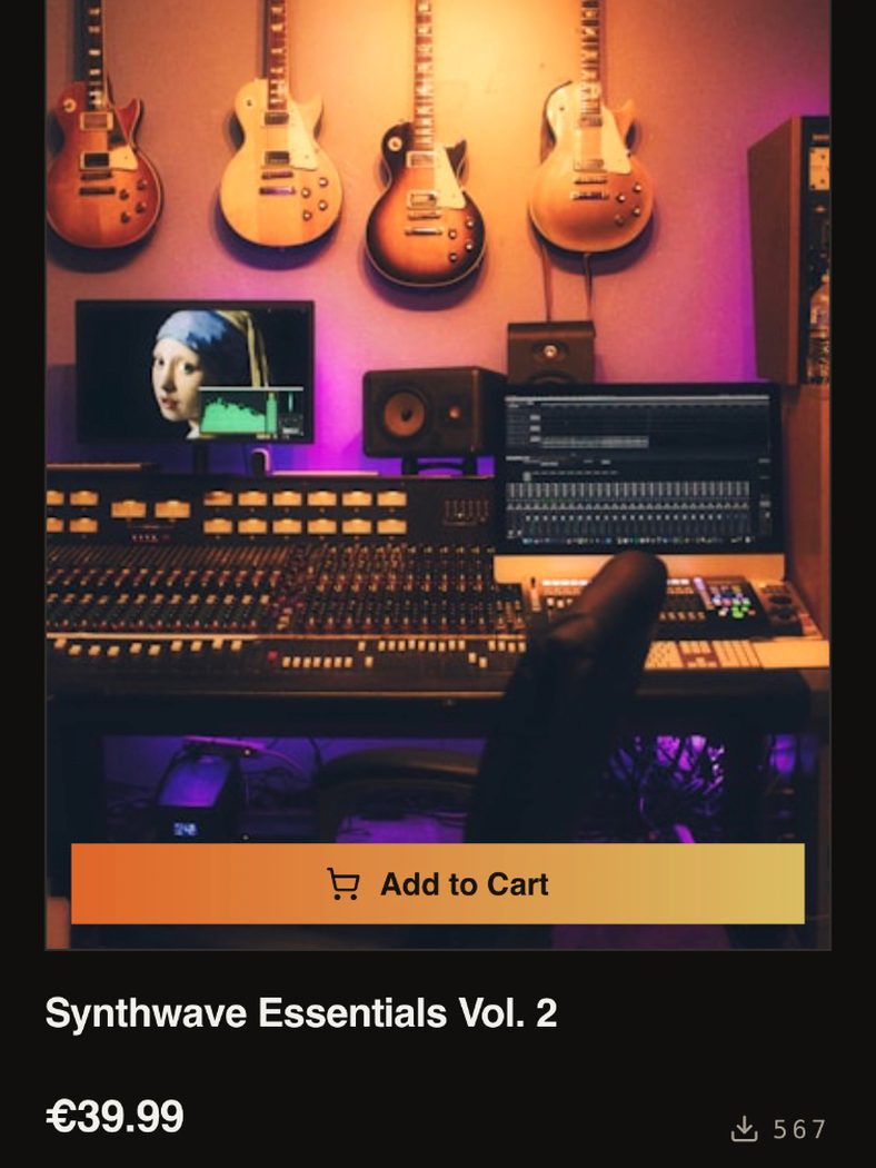 Mobile product card for Synthwave Essentials Vol. 2 with a studio photograph, title, price and download count