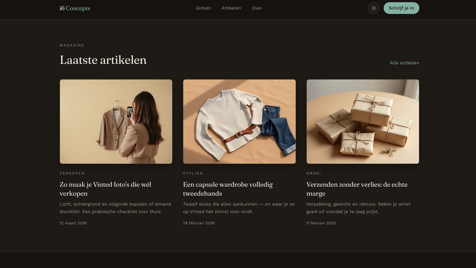 Dark-mode article index with three cards on one grid: category label, serif headline, standfirst and publication date