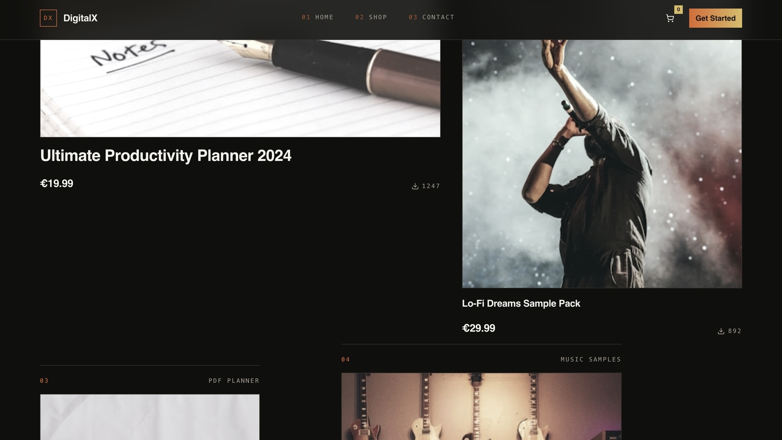 Desktop product grid showing the Ultimate Productivity Planner and Lo-Fi Dreams Sample Pack cards offset from each other, each with image, title, price and download count