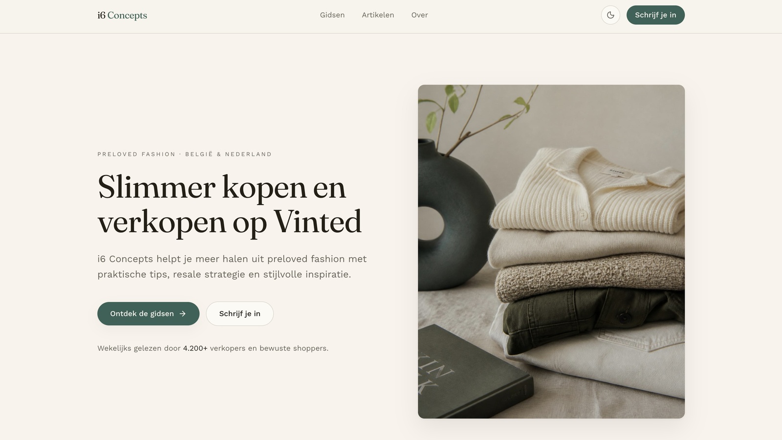 Home page of the preloved fashion concept in light mode: editorial headline, subline, two calls to action and a styled garment stack