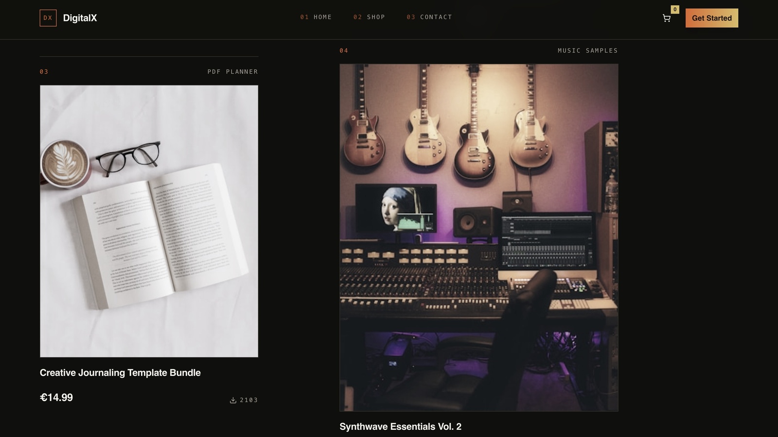 Desktop view of the Creative Journaling Template Bundle and Synthwave Essentials Vol. 2, each with a large photograph, category label, title and price