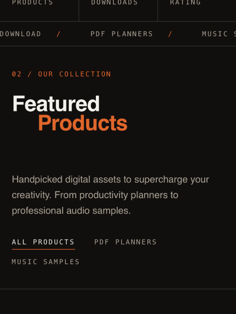 Mobile Featured Products header with a short introduction and stacked category filters