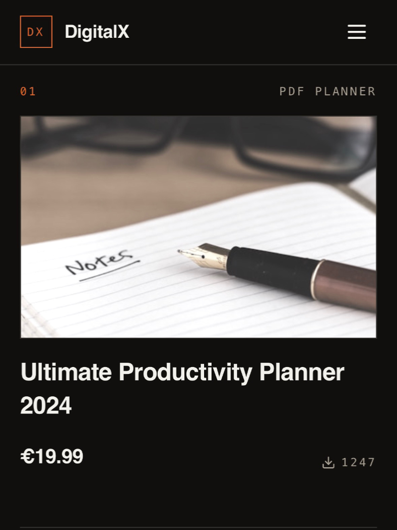 Mobile product card with full-width preview image, title, price and download count