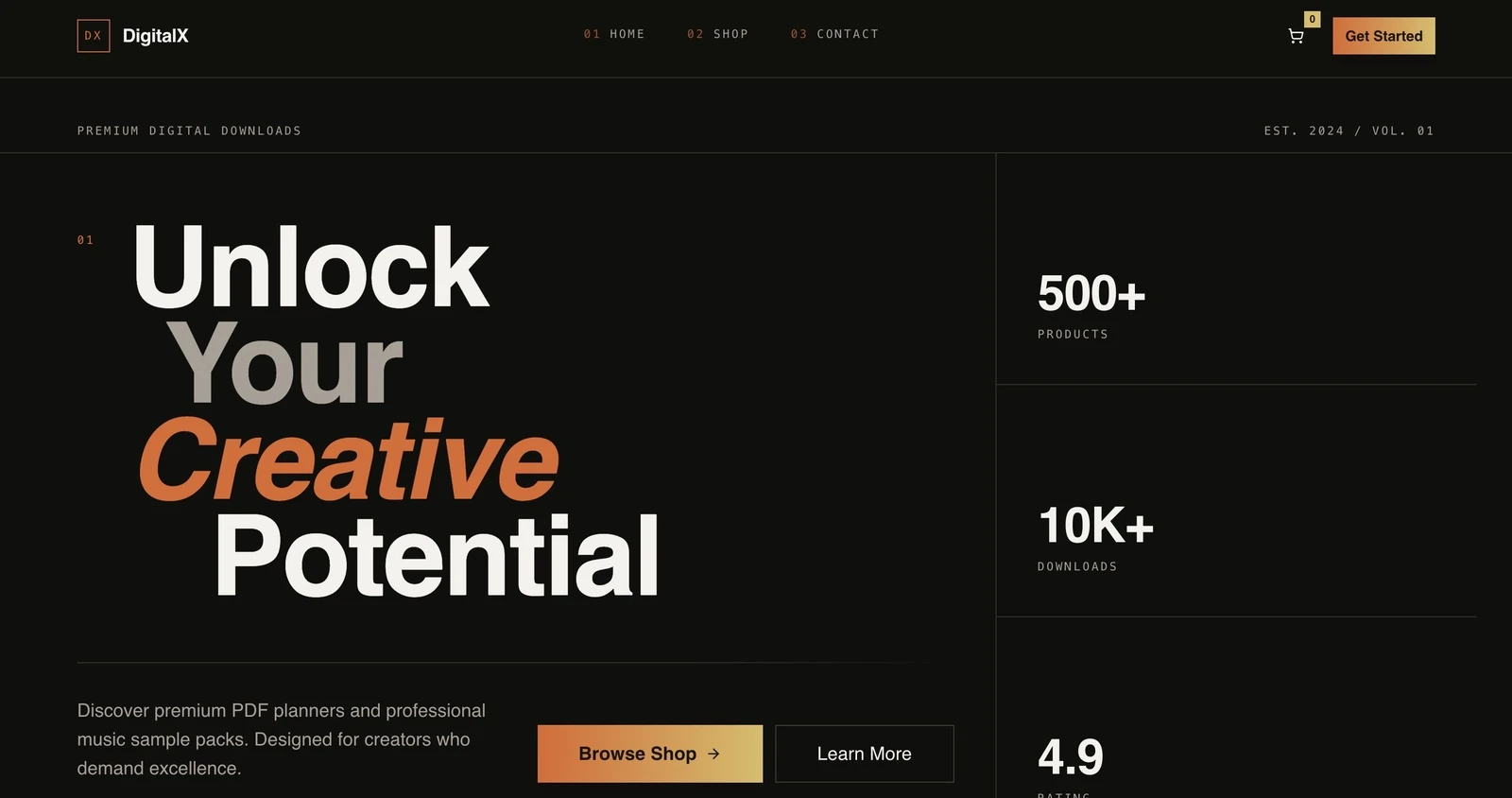 DigitalX homepage on desktop: a numbered editorial headline reading Unlock Your Creative Potential, a short paragraph, an orange primary action and a statistics column on a dark ground