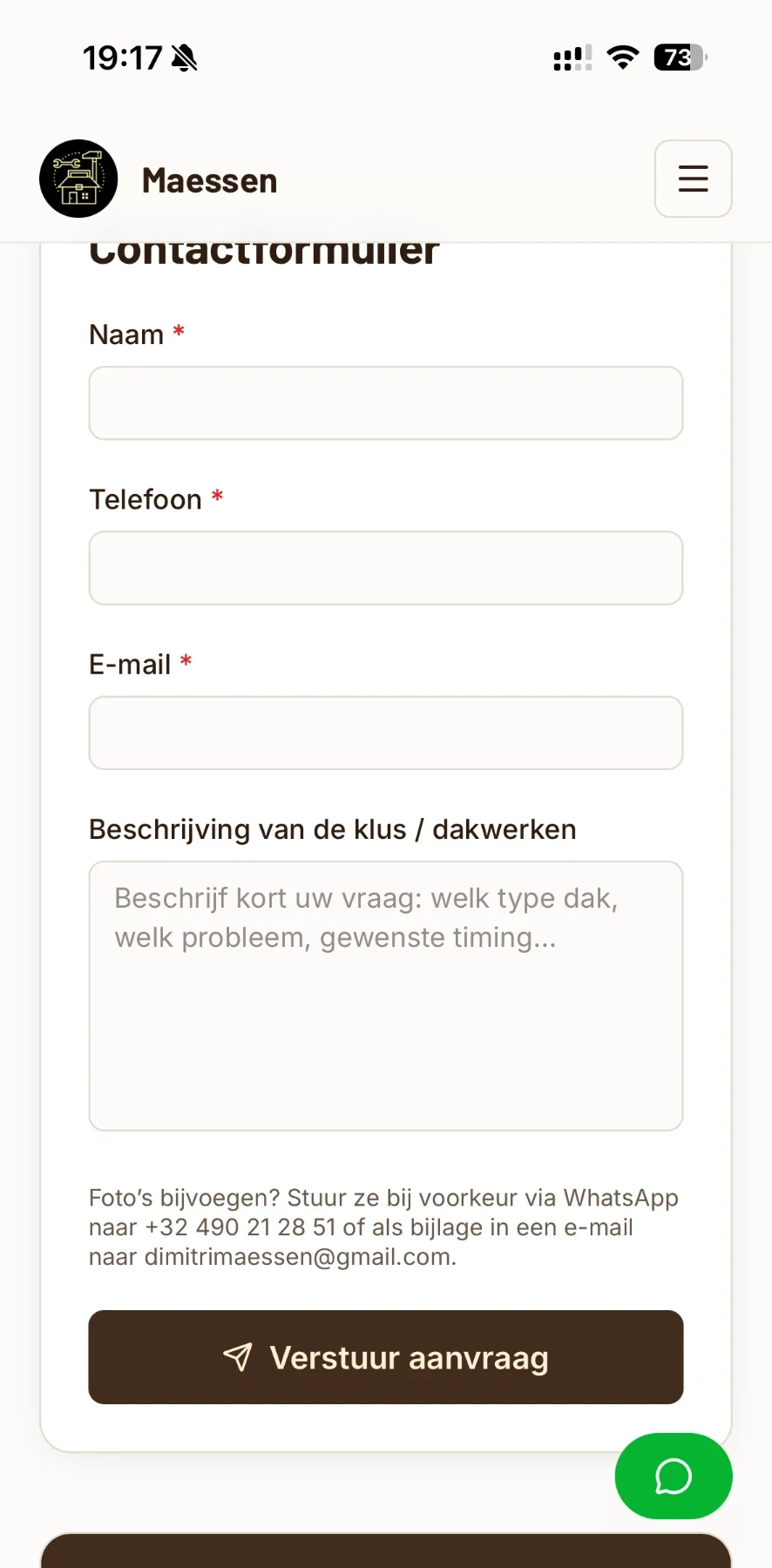 Contact form with name, telephone and email fields, a description field for the job, a note about sending photographs and a submit button
