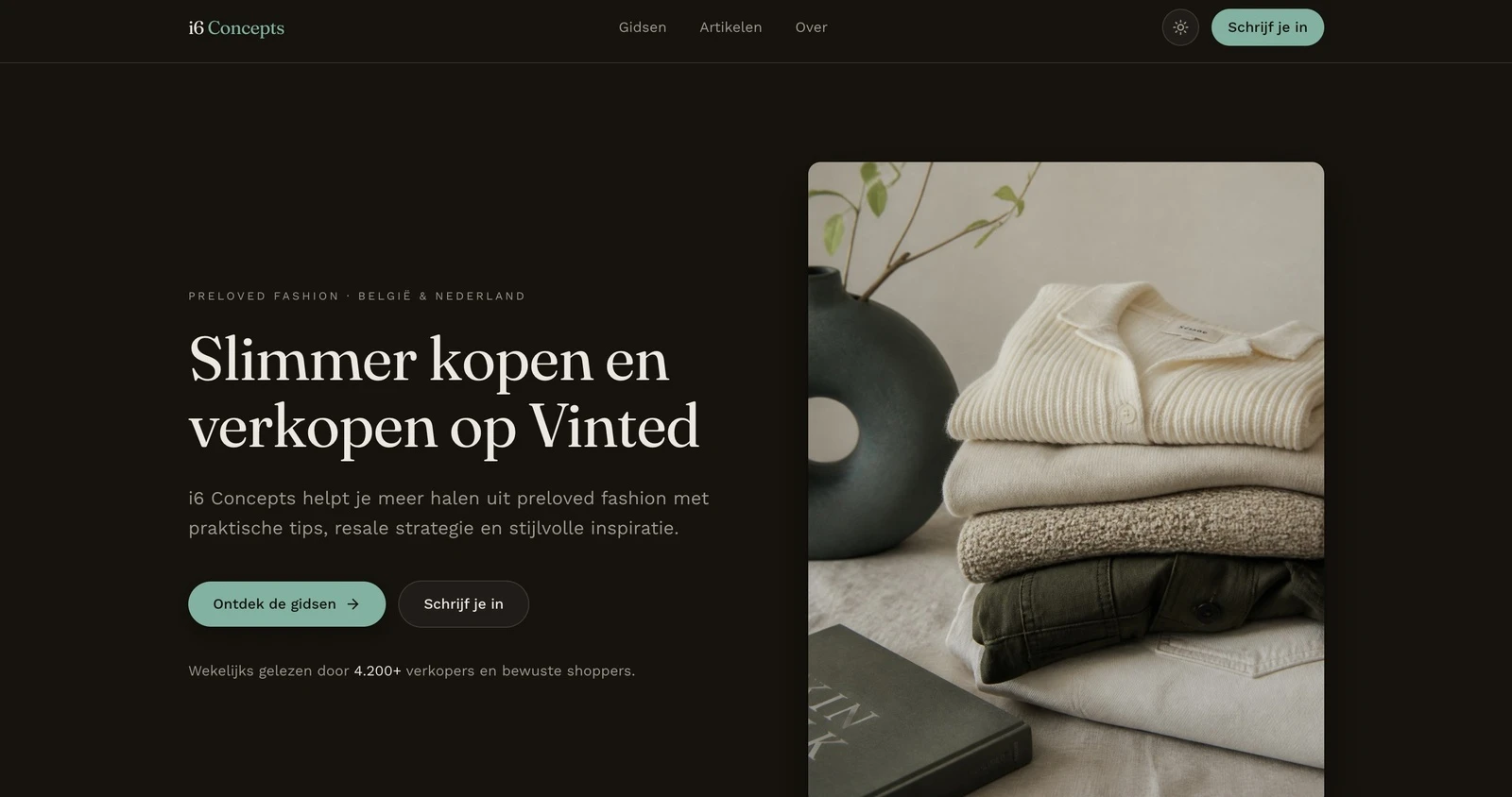 The same home page in dark mode: warm off-black field, pale serif headline and a mint primary action