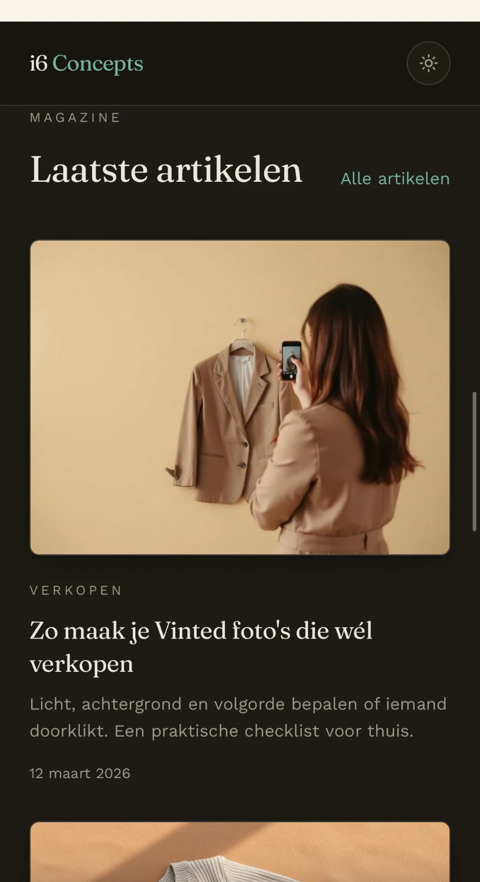 Mobile magazine index with a large article image, category label and headline